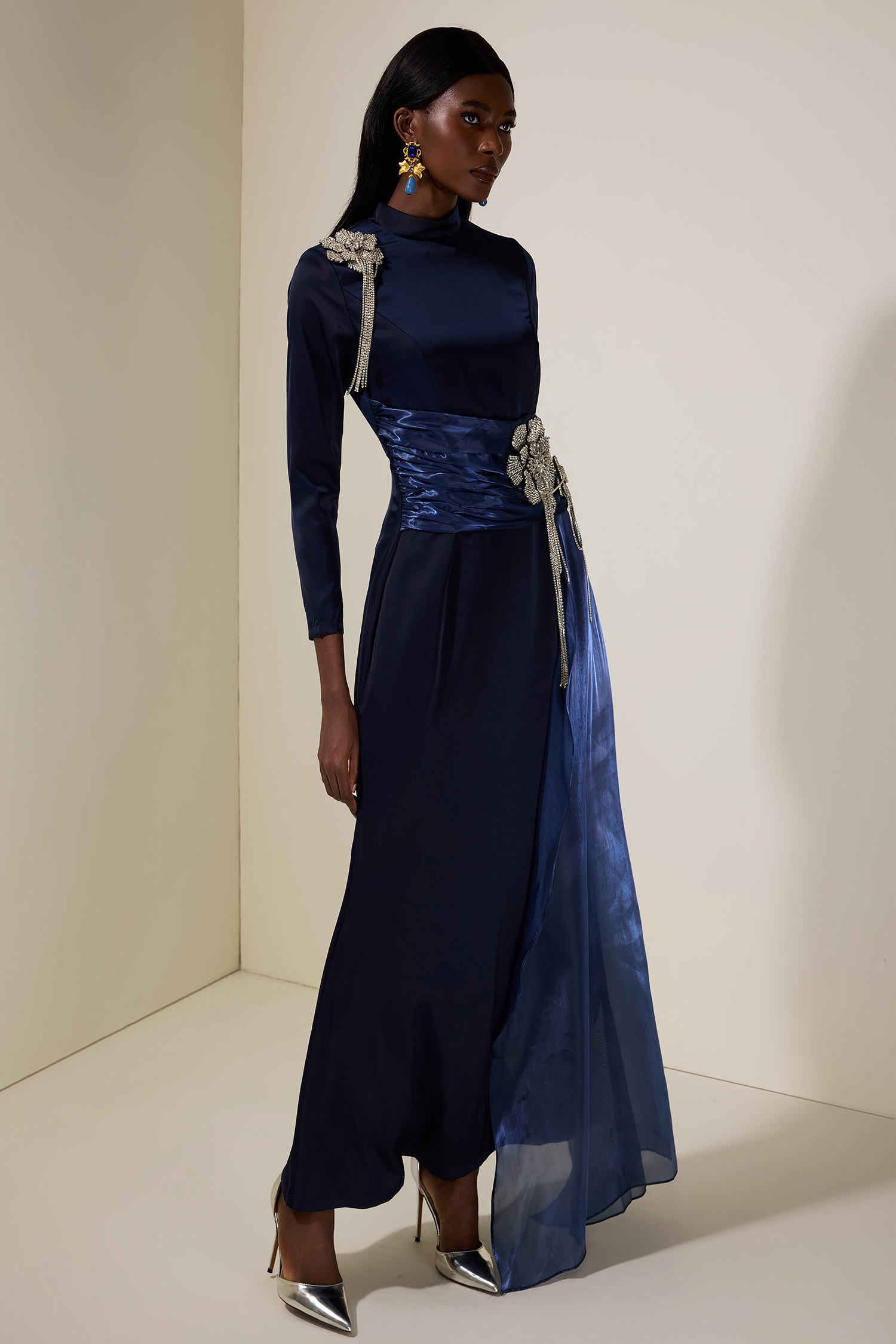 Rhinestone 3D Flower Satin Maxi Dress