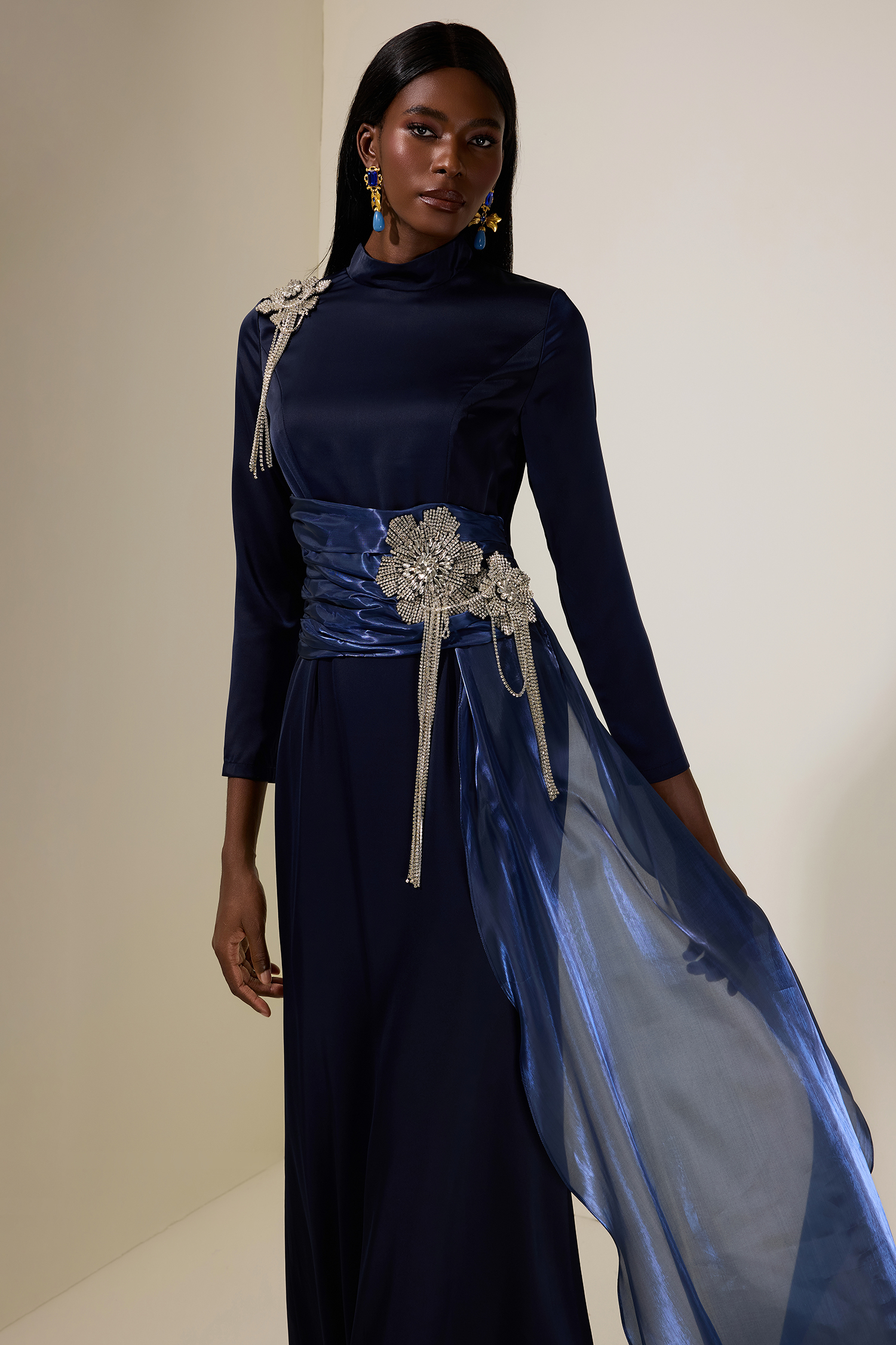 Rhinestone 3D Flower Satin Maxi Dress