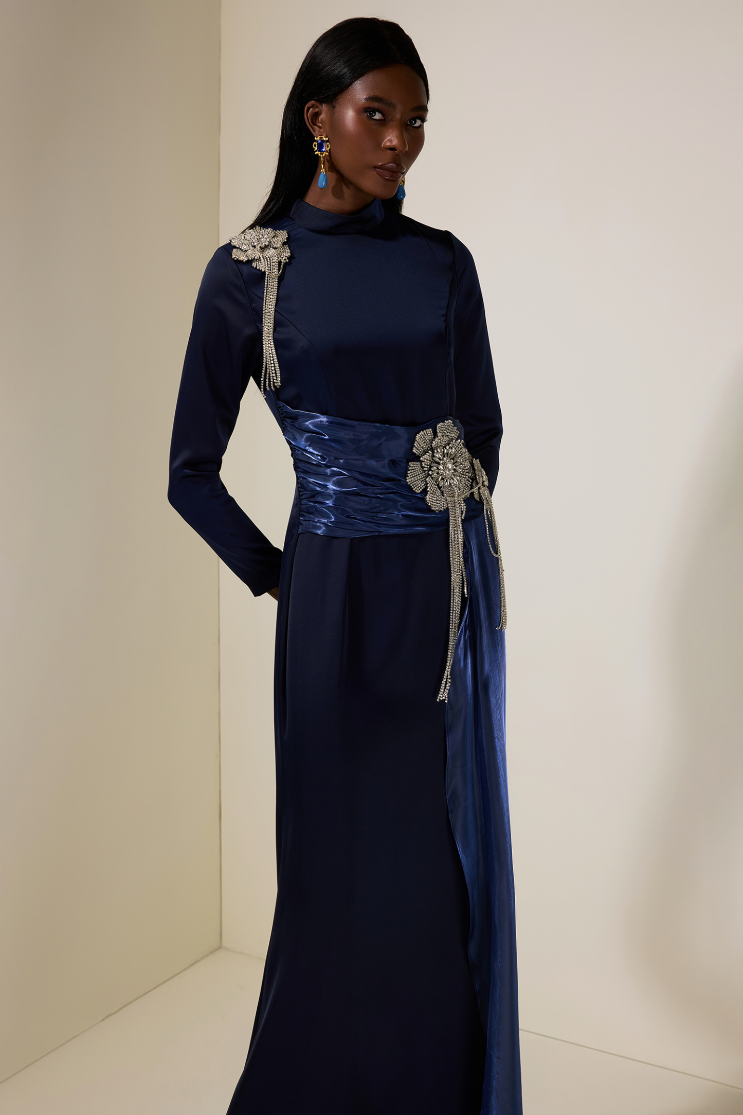 Rhinestone 3D Flower Satin Maxi Dress