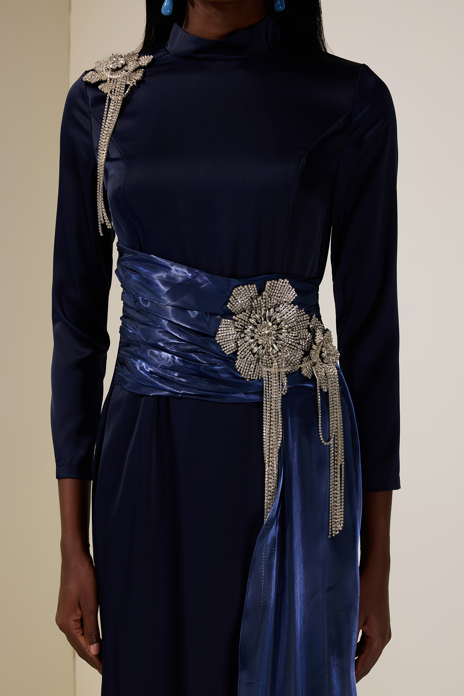 Rhinestone 3D Flower Satin Maxi Dress