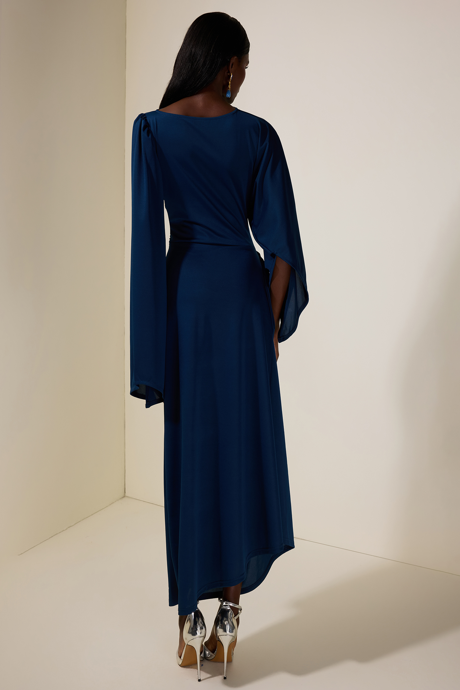 Jersey Gathering Cape Sleeve Maxi Dress