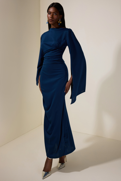 Jersey Gathering Cape Sleeve Maxi Dress