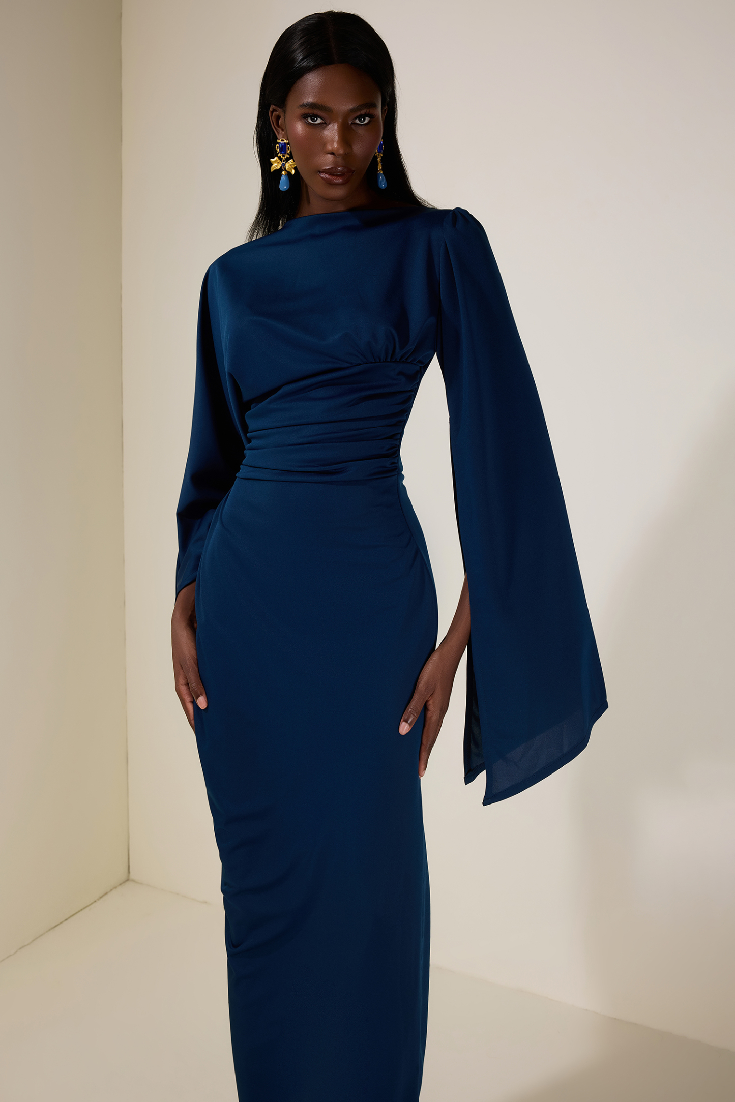 Jersey Gathering Cape Sleeve Maxi Dress