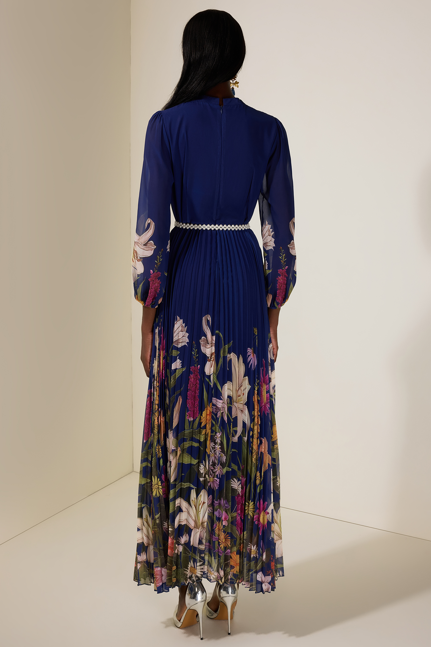 Chiffon Floral Maxi Dress With Faux Pearl Belt