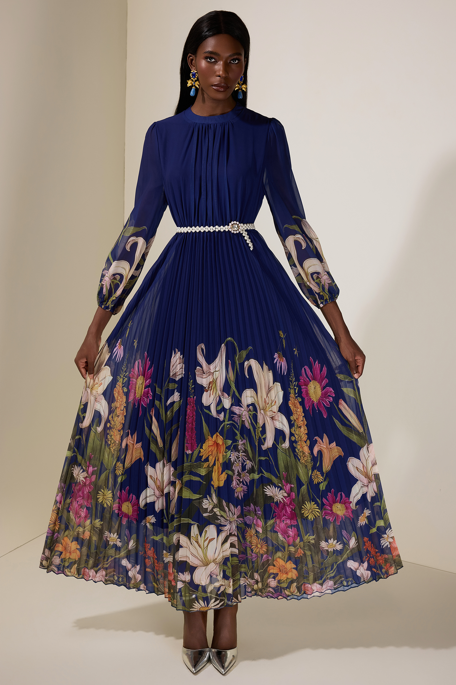 Chiffon Floral Maxi Dress With Faux Pearl Belt