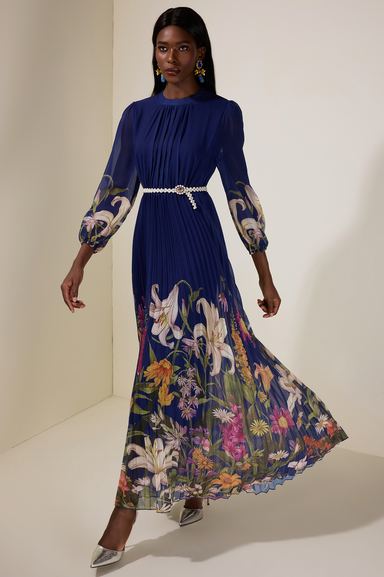 Chiffon Floral Maxi Dress With Faux Pearl Belt