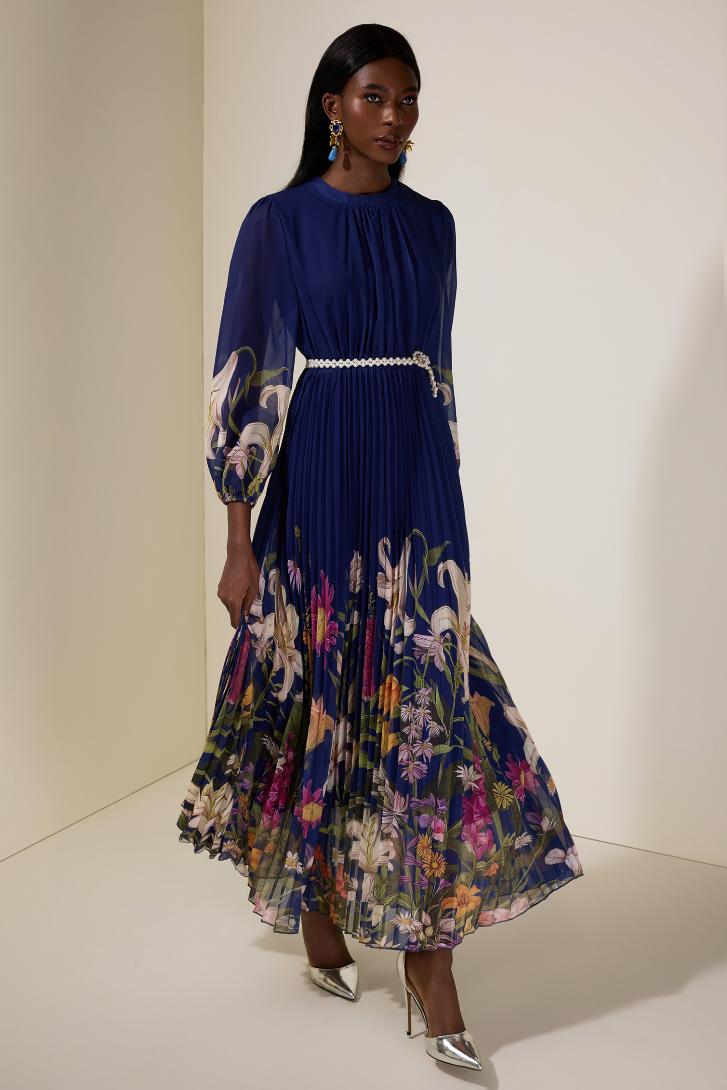 Chiffon Floral Maxi Dress With Faux Pearl Belt