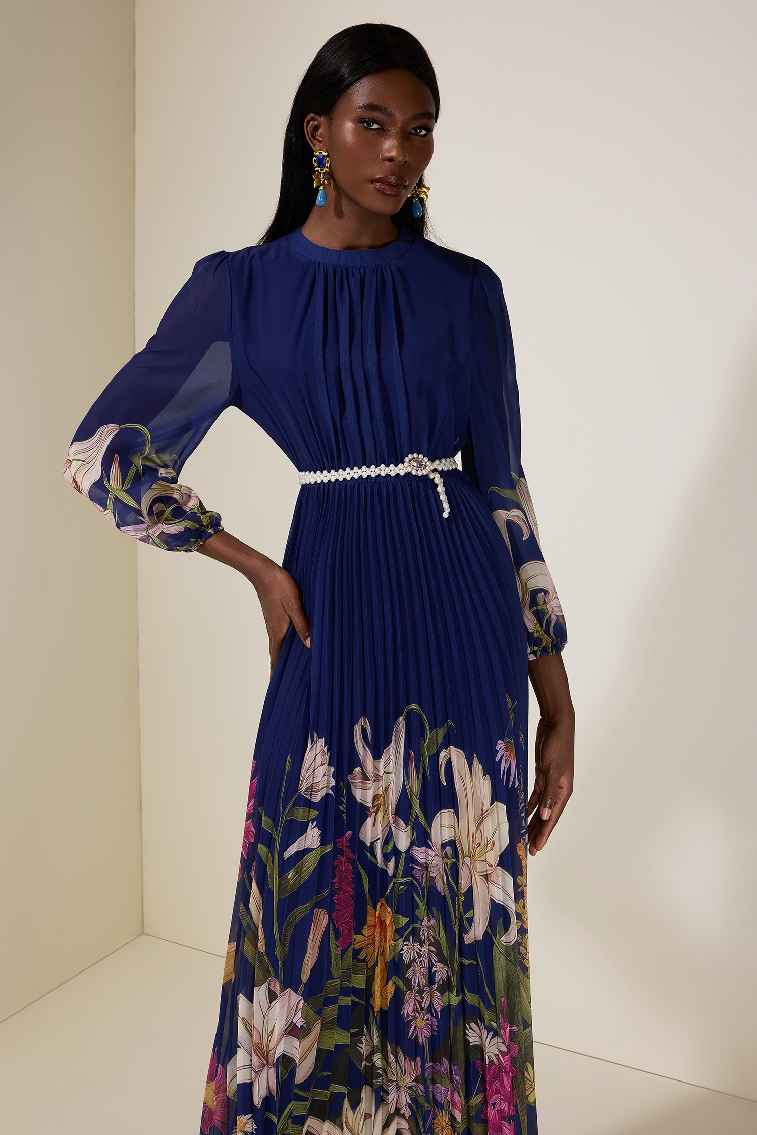 Chiffon Floral Maxi Dress With Faux Pearl Belt