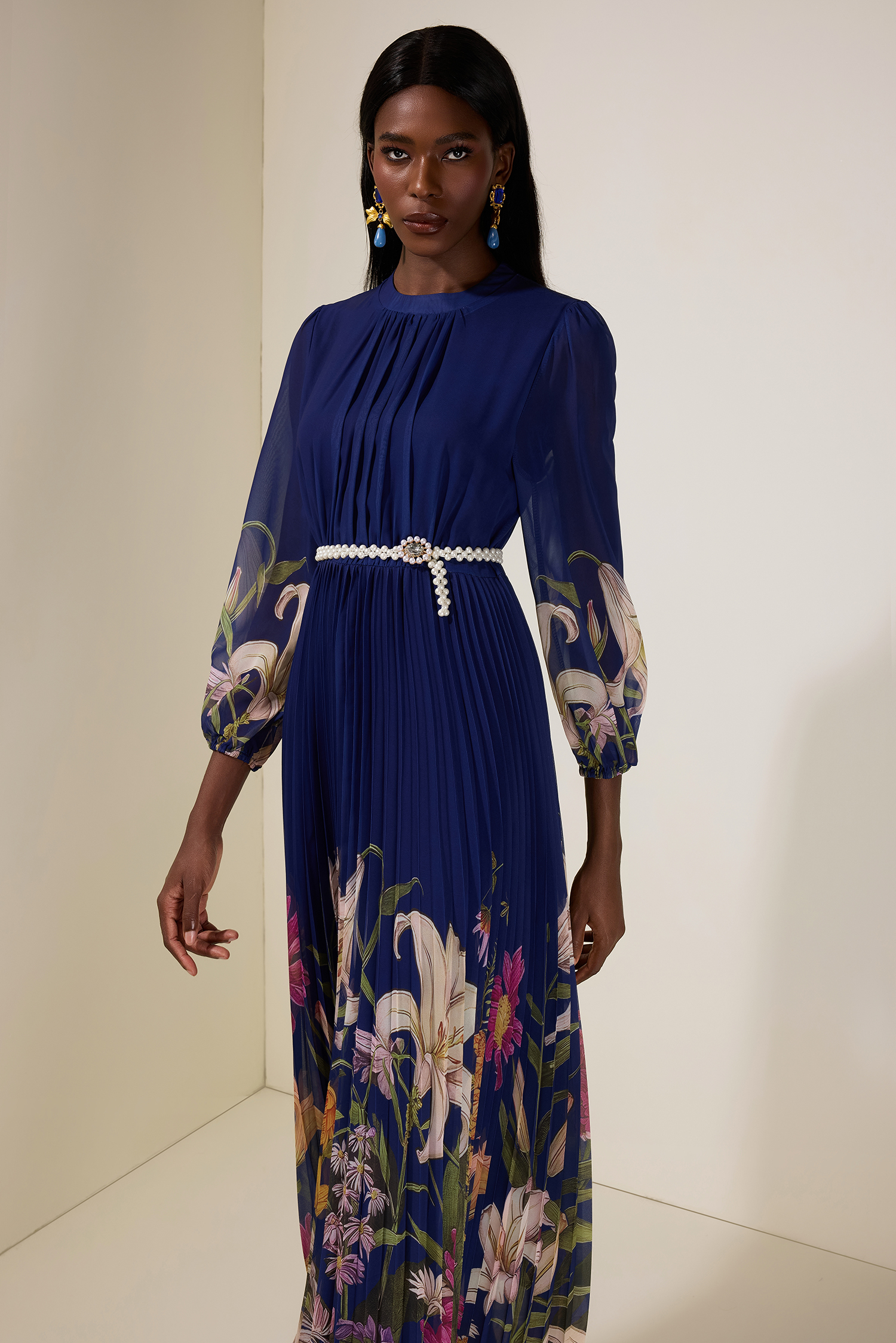 Chiffon Floral Maxi Dress With Faux Pearl Belt