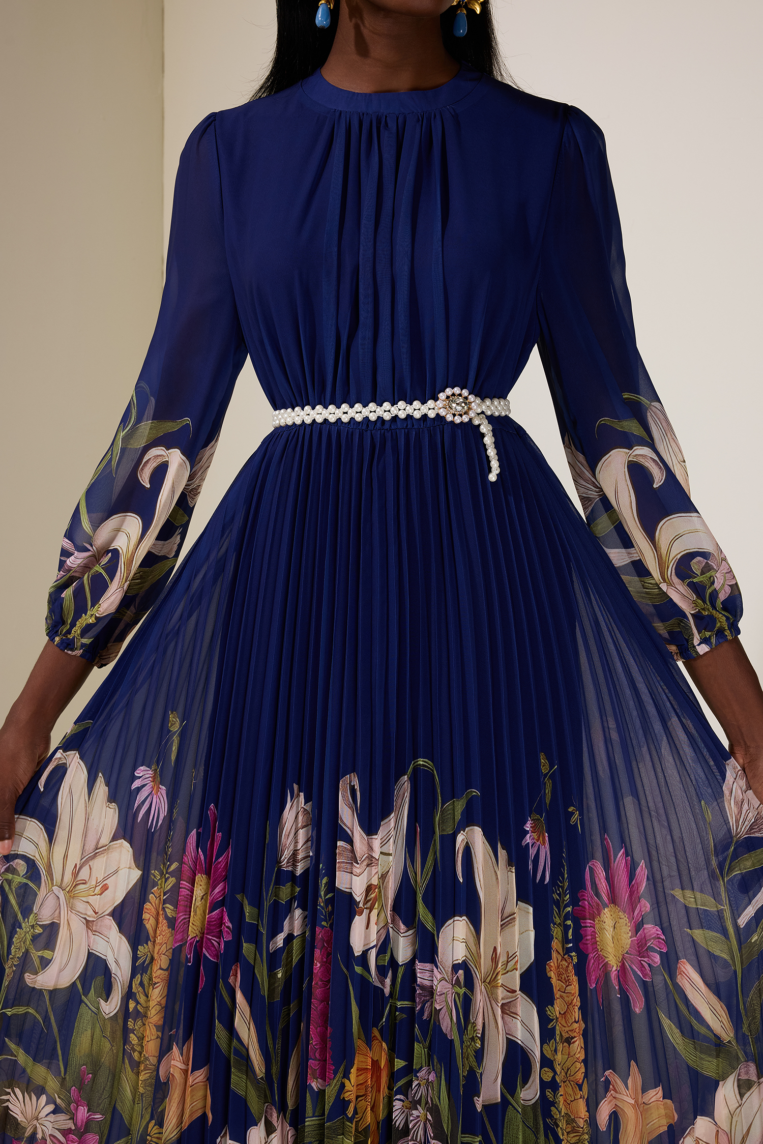 Chiffon Floral Maxi Dress With Faux Pearl Belt