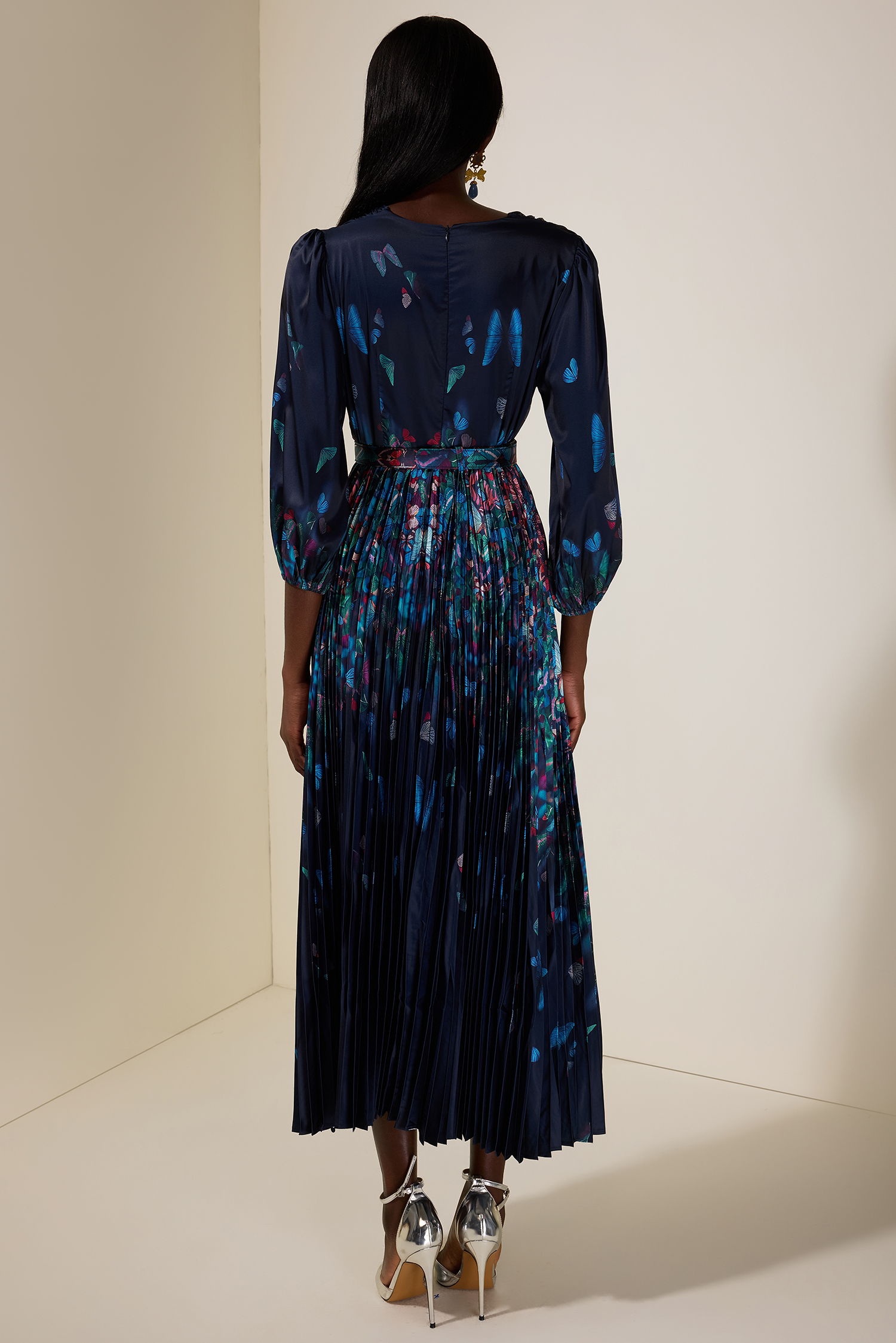 Satin Butterfly Pleated Maxi Dress With Belt