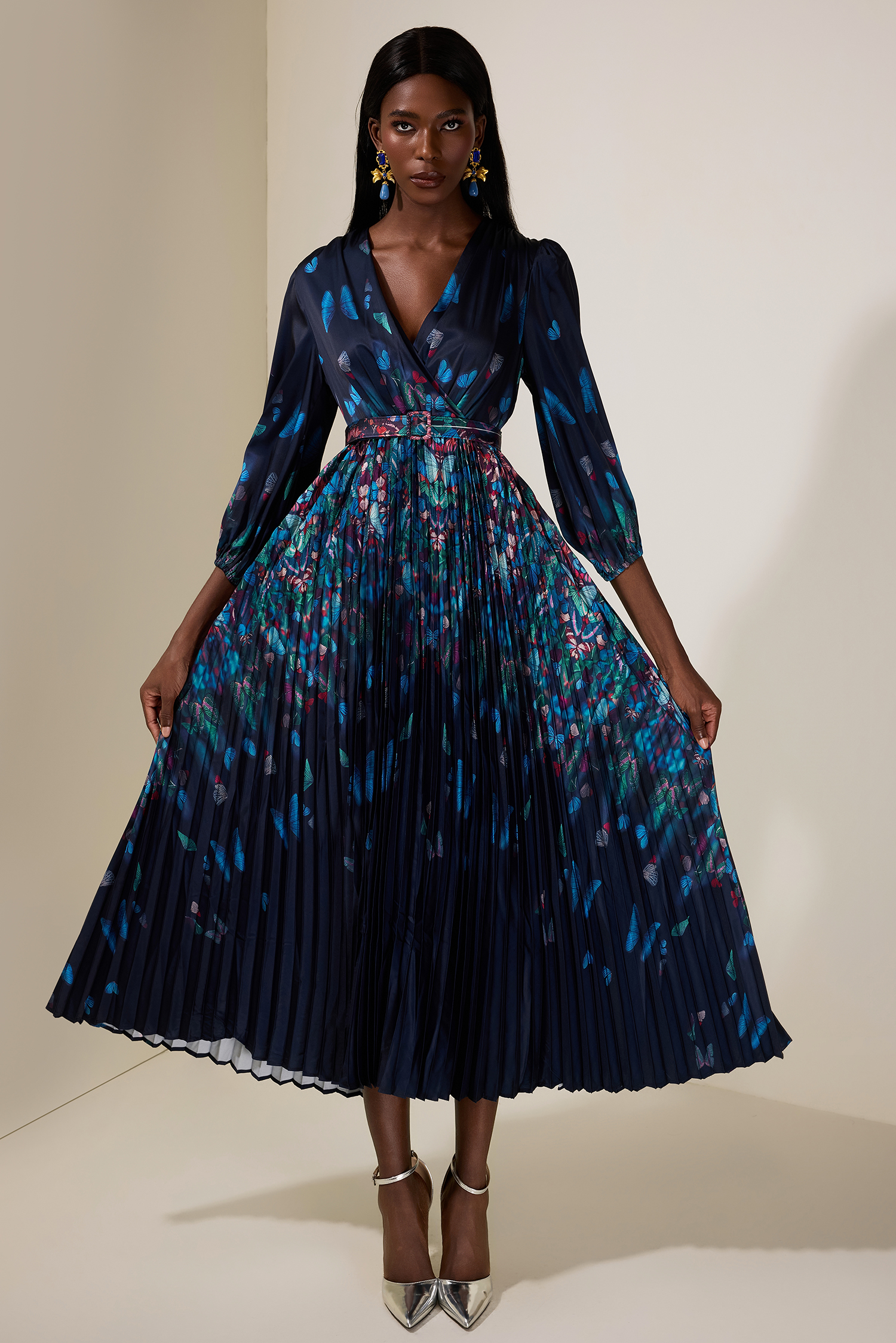 Satin Butterfly Pleated Maxi Dress With Belt