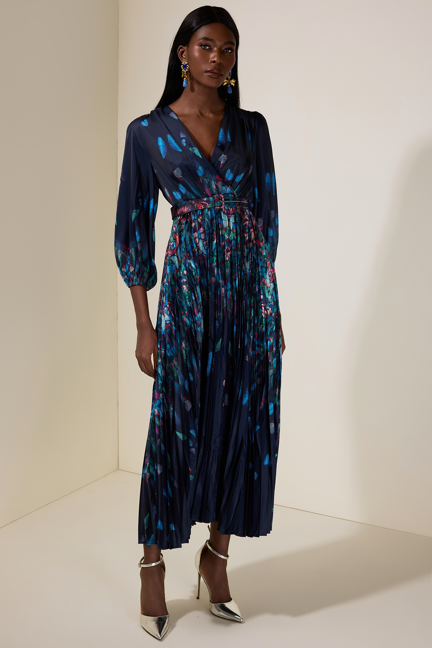 Satin Butterfly Pleated Maxi Dress With Belt