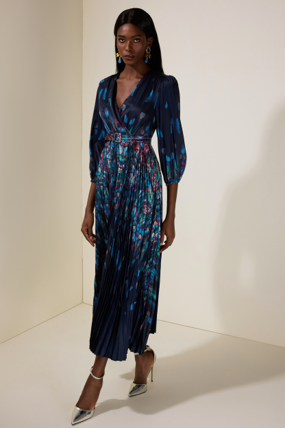 Satin Butterfly Pleated Maxi Dress With Belt