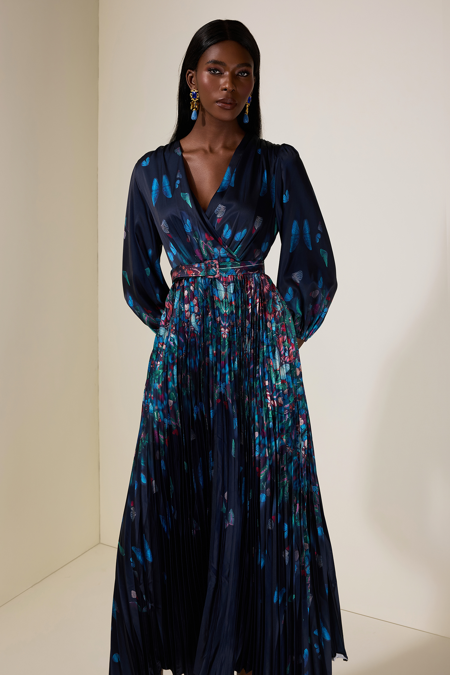 Satin Butterfly Pleated Maxi Dress With Belt
