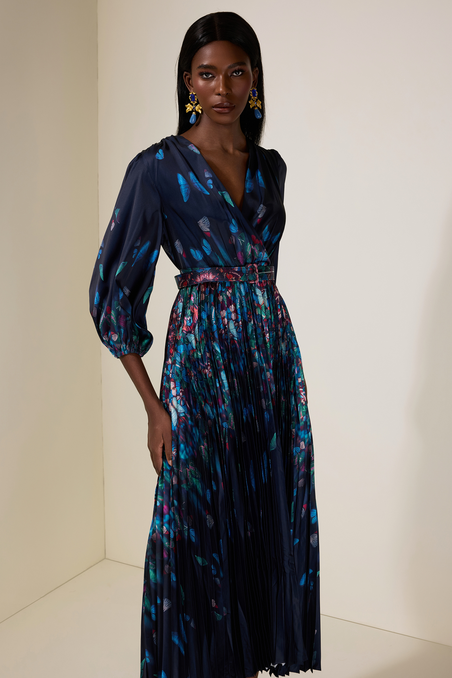 Satin Butterfly Pleated Maxi Dress With Belt
