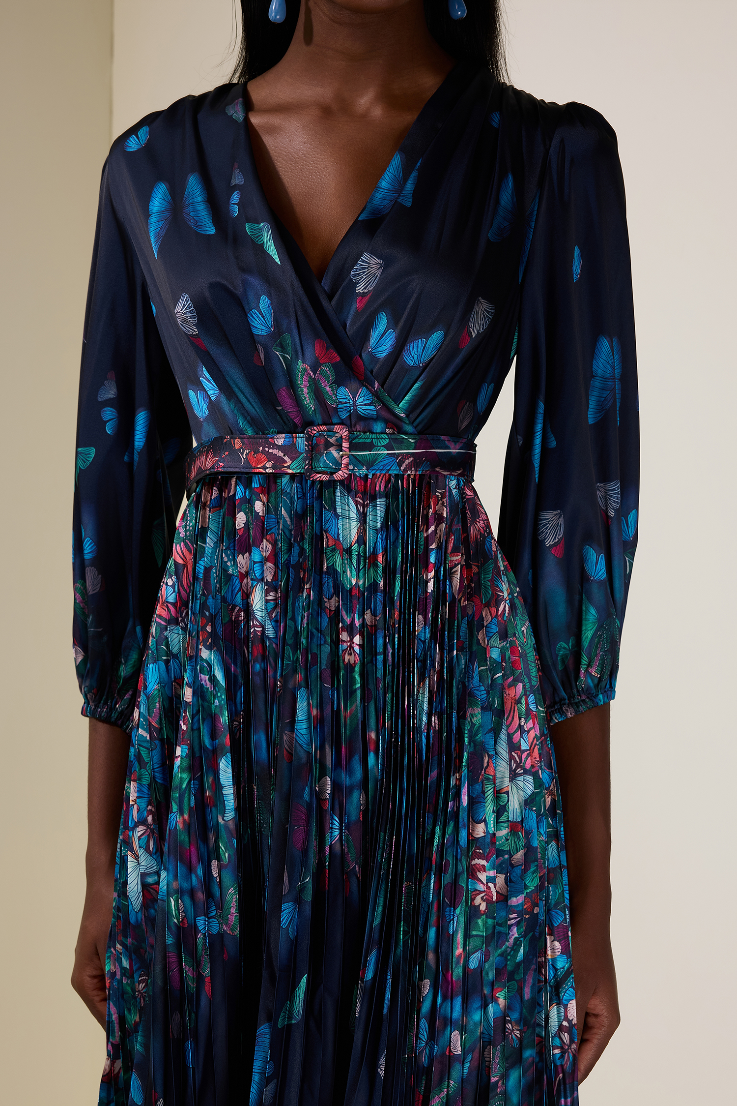 Satin Butterfly Pleated Maxi Dress With Belt