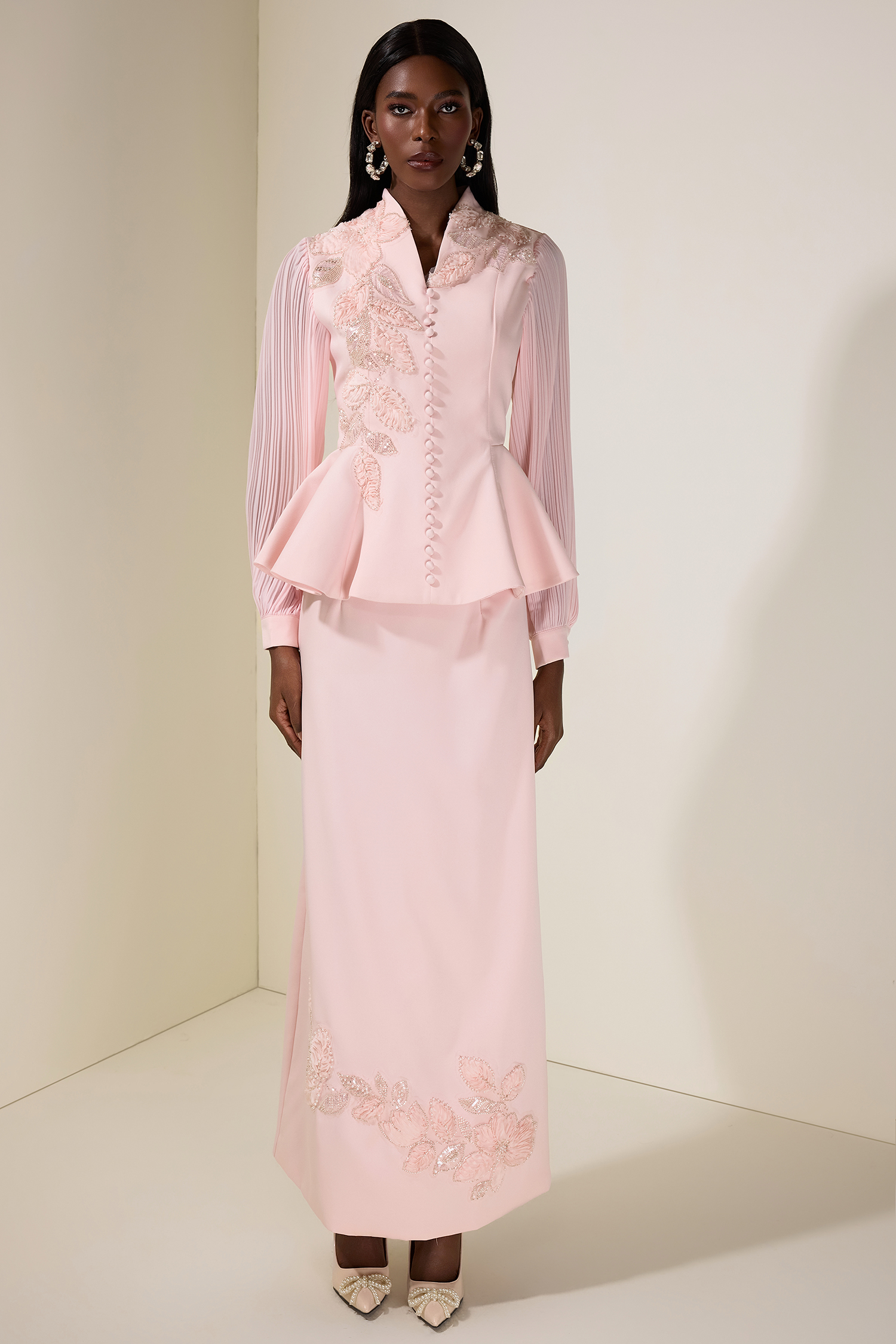 Embroidered Single Breasted Top & Midi Skirt Set