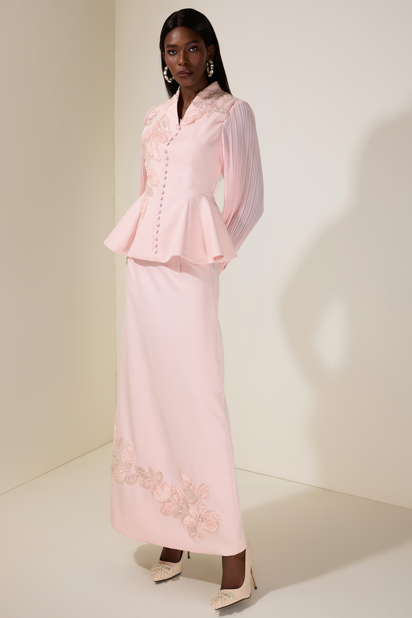 Embroidered Single Breasted Top & Midi Skirt Set