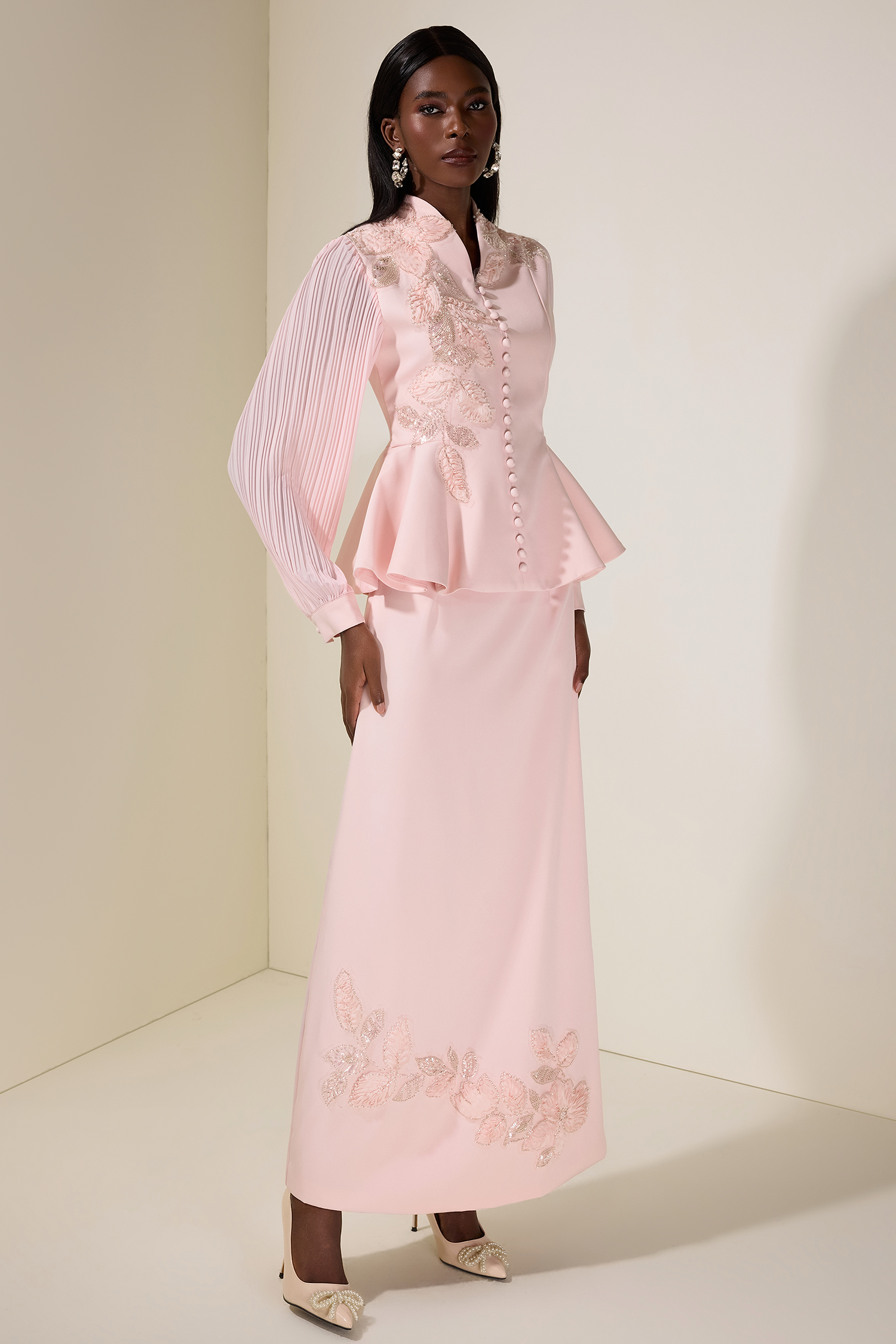 Embroidered Single Breasted Top & Midi Skirt Set