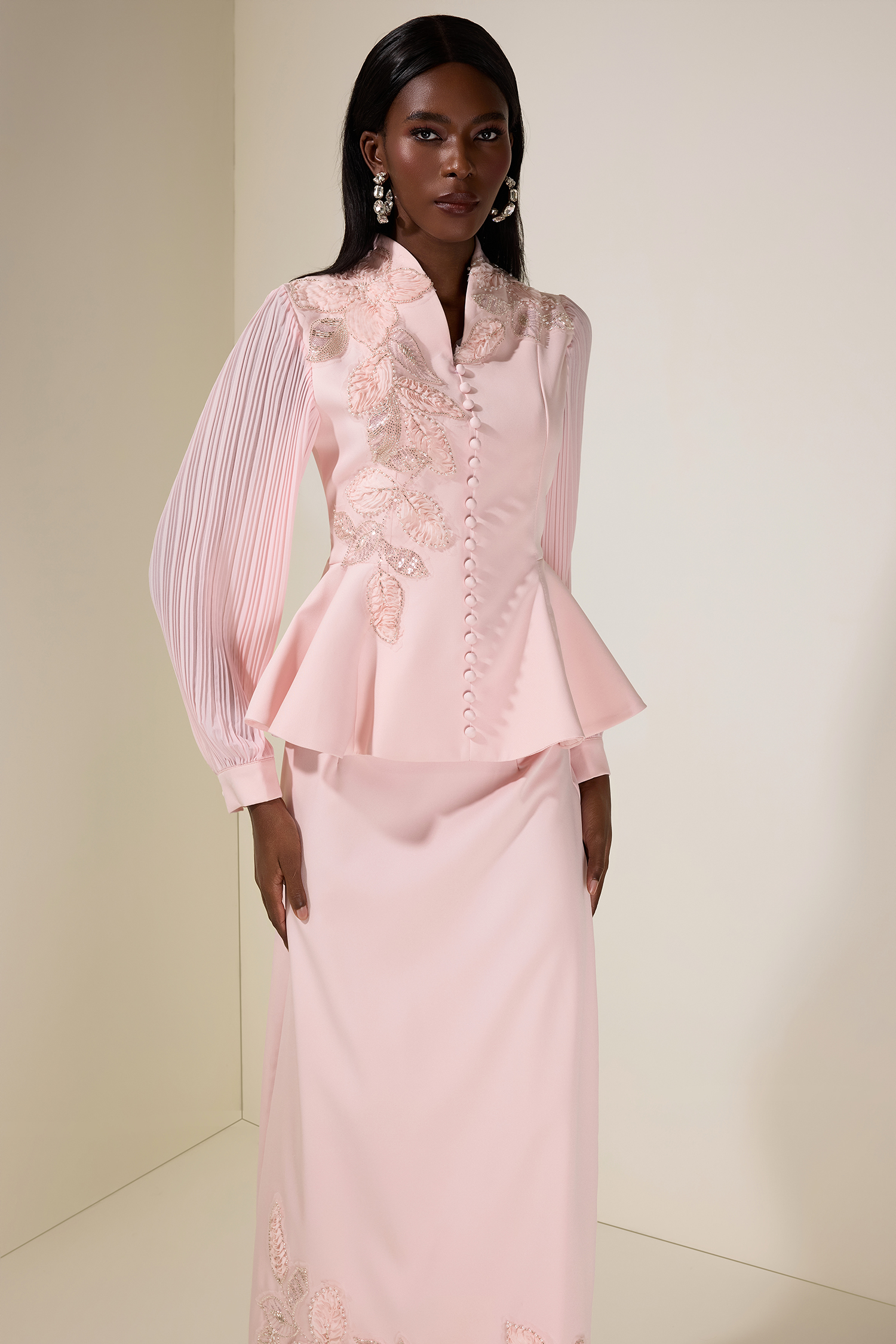 Embroidered Single Breasted Top & Midi Skirt Set