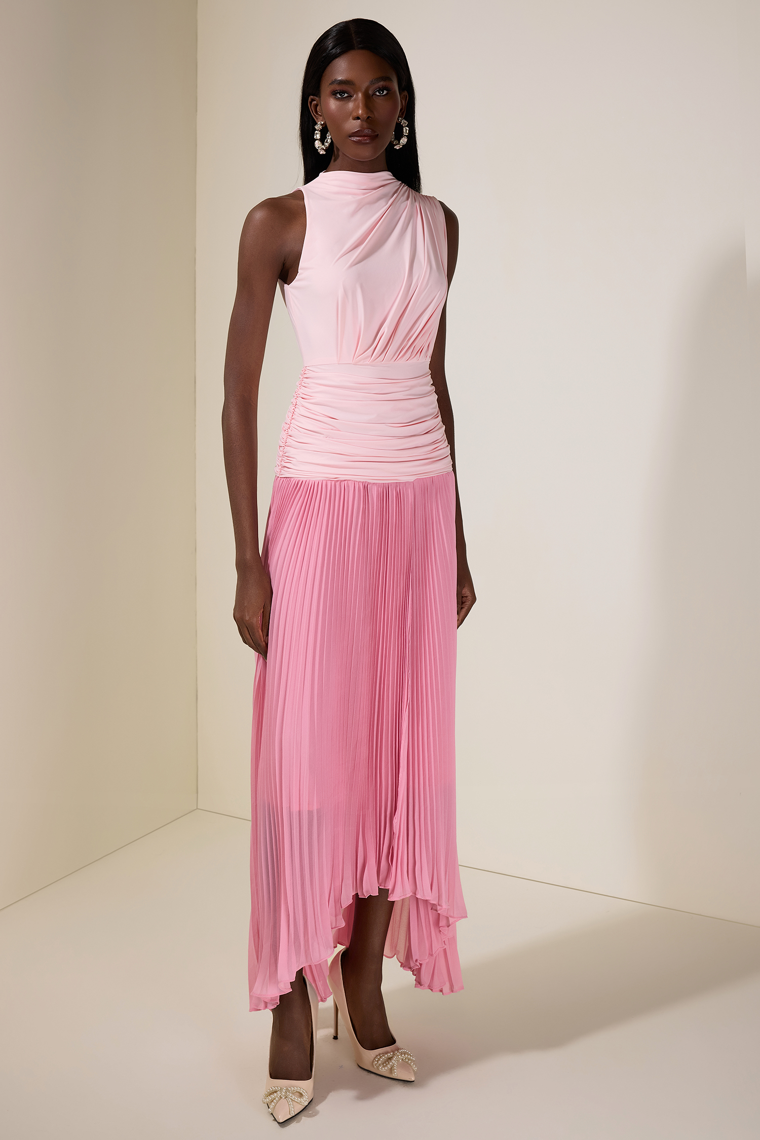 Jersey Splicing Chiffon Pleated Midi Dress