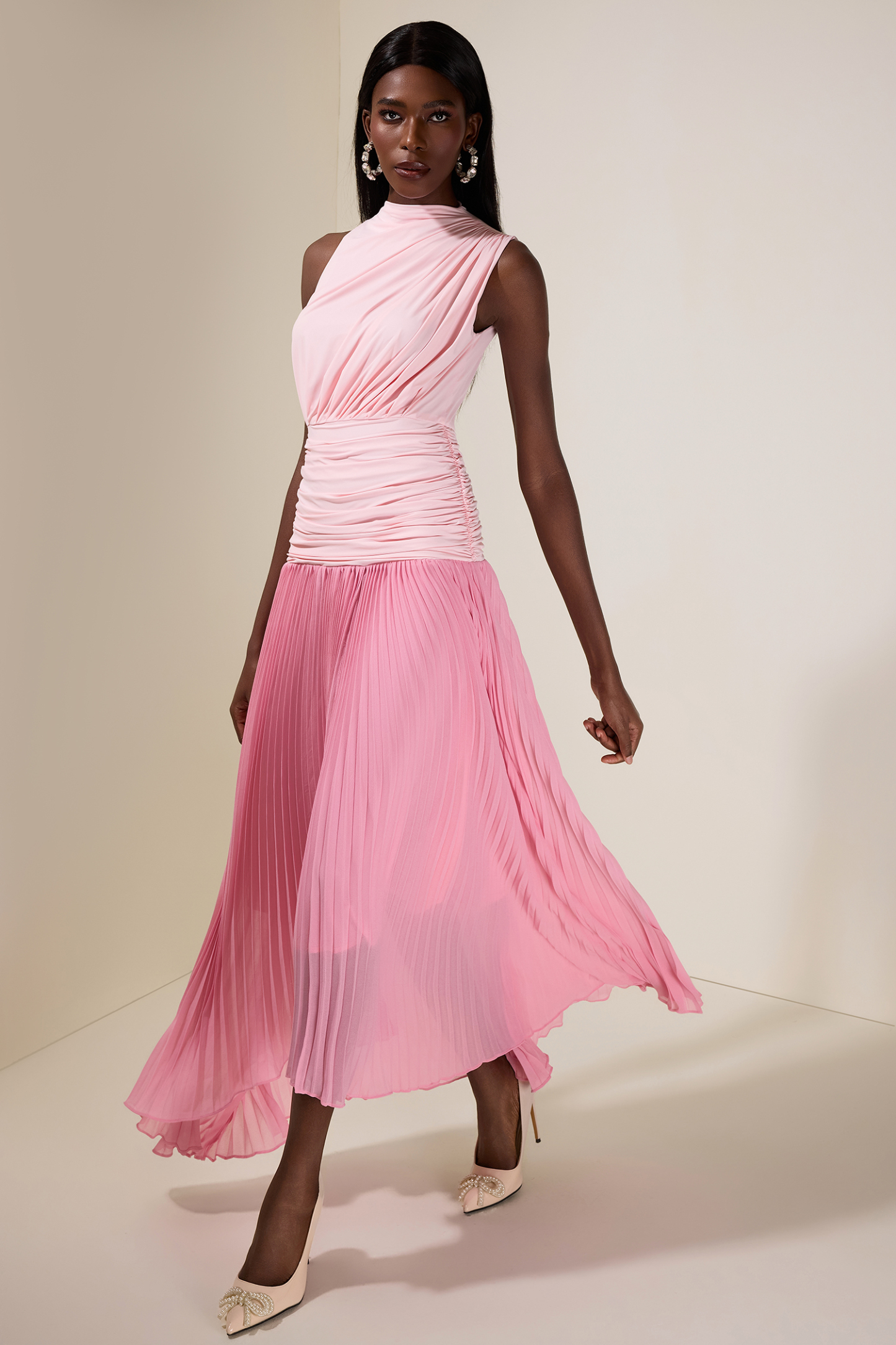 Jersey Splicing Chiffon Pleated Midi Dress