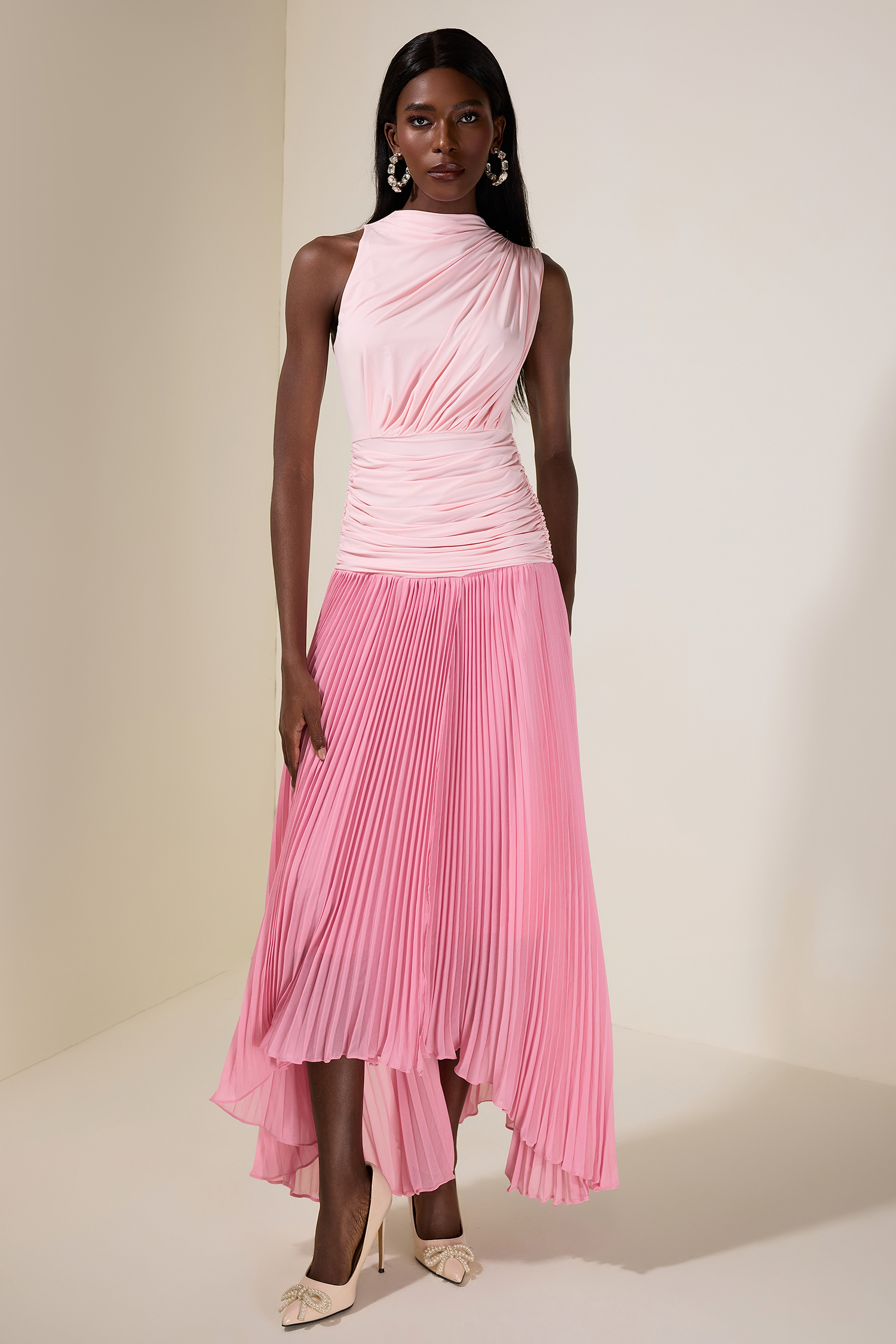 Jersey Splicing Chiffon Pleated Midi Dress