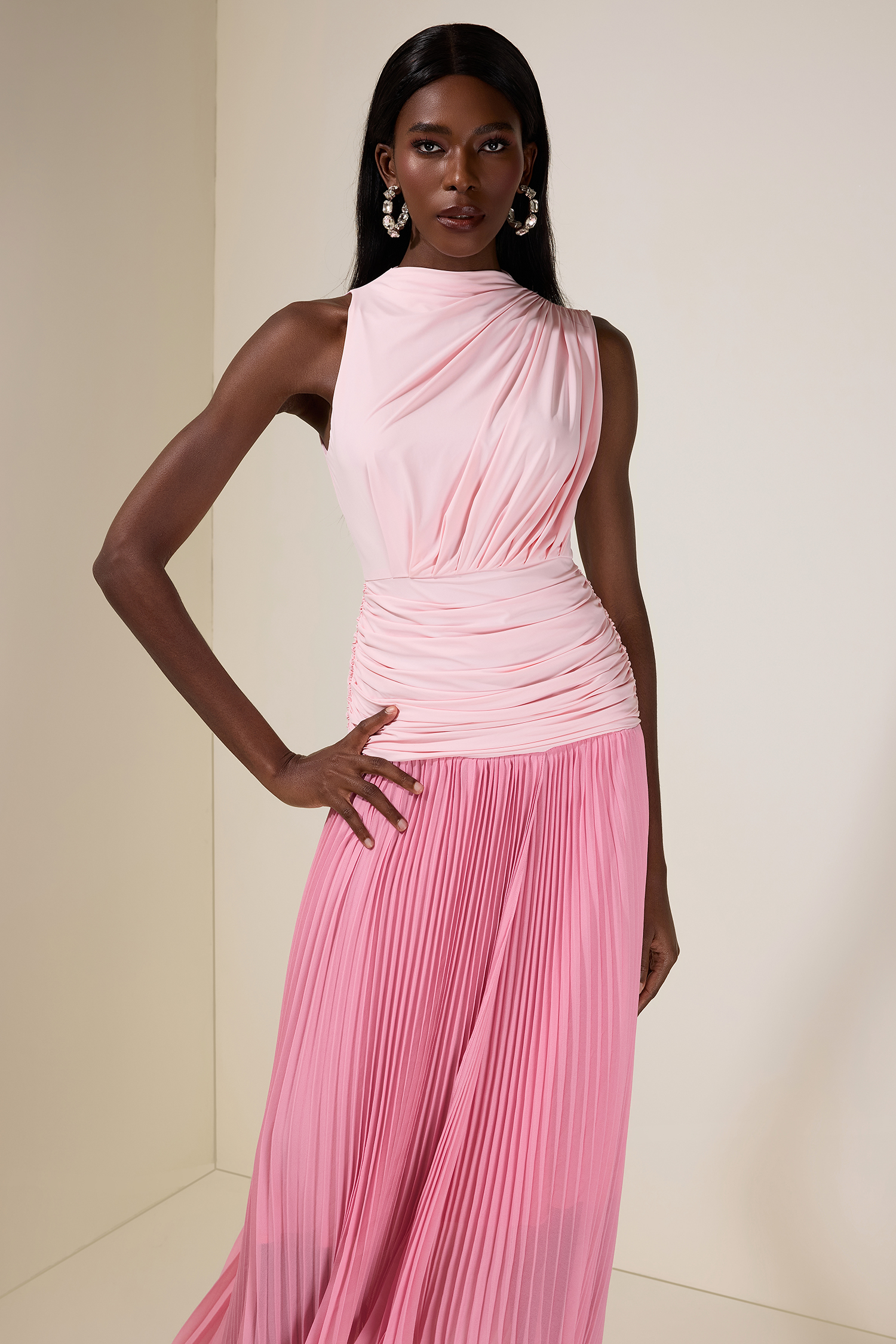 Jersey Splicing Chiffon Pleated Midi Dress