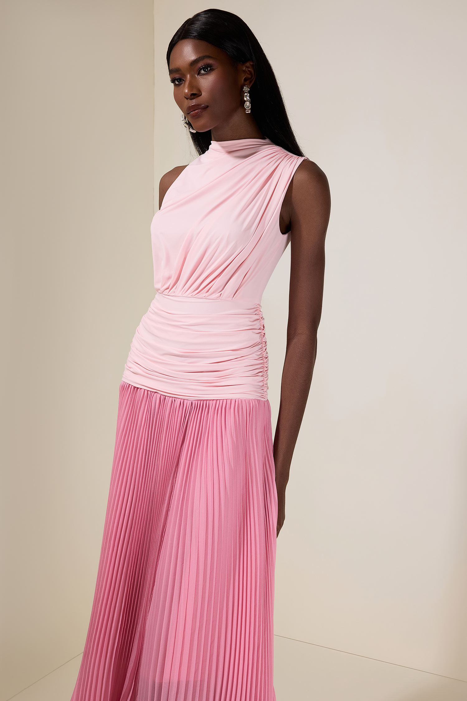 Jersey Splicing Chiffon Pleated Midi Dress