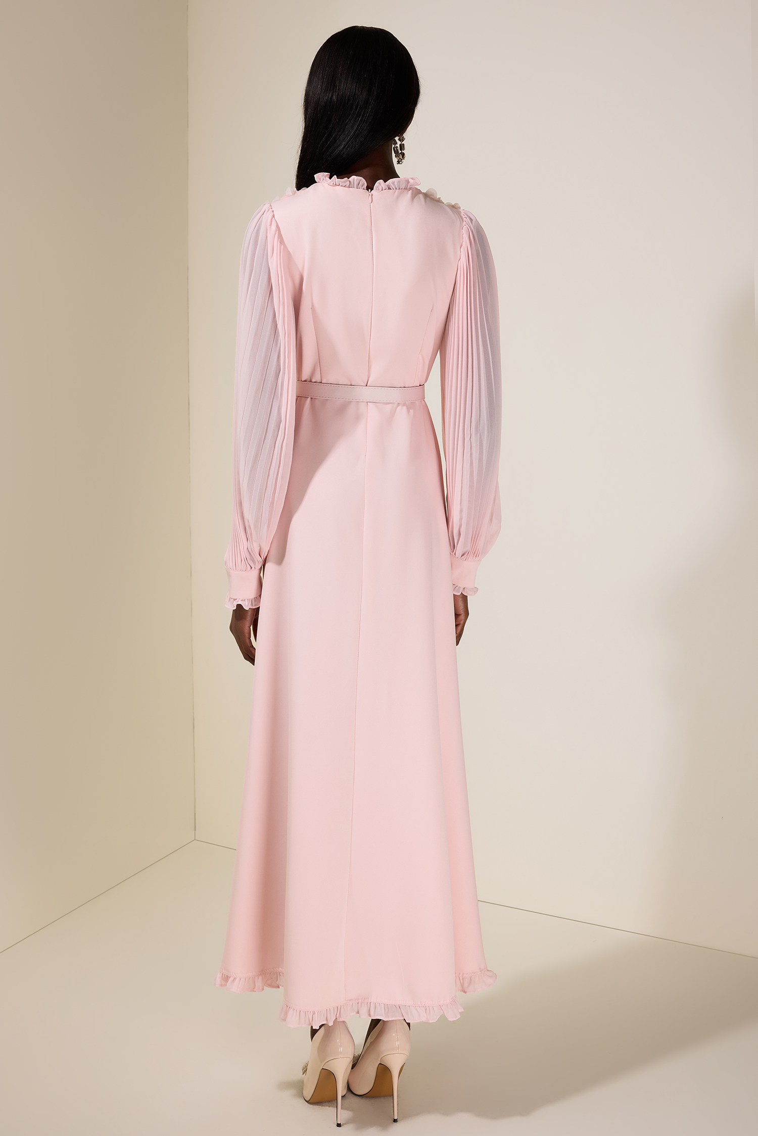 3D Flower Pleated Midi Dress With Belt