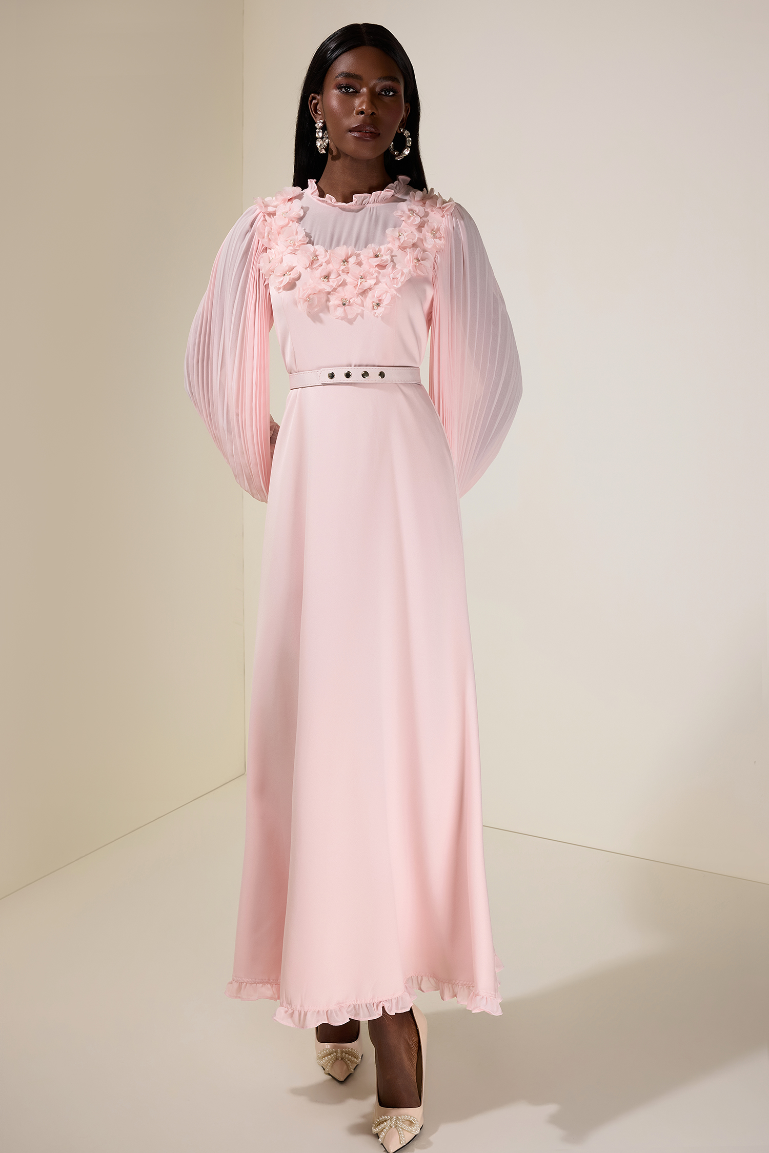 3D Flower Pleated Midi Dress With Belt