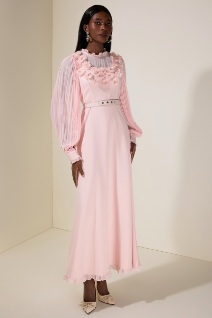 3D Flower Pleated Midi Dress With Belt