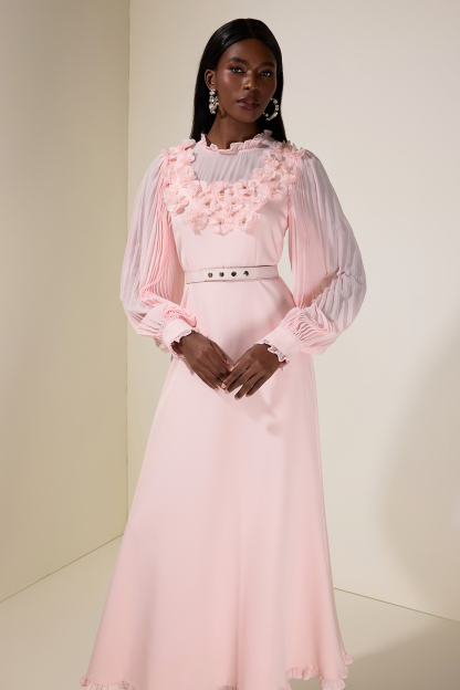 3D Flower Pleated Midi Dress With Belt