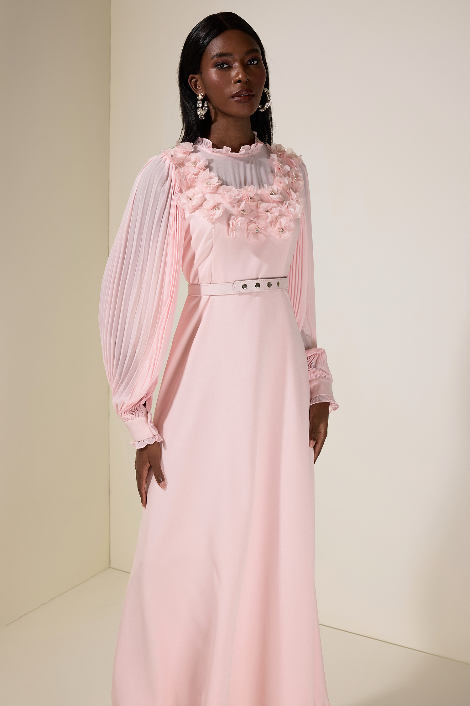 3D Flower Pleated Midi Dress With Belt