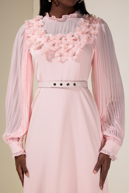 3D Flower Pleated Midi Dress With Belt