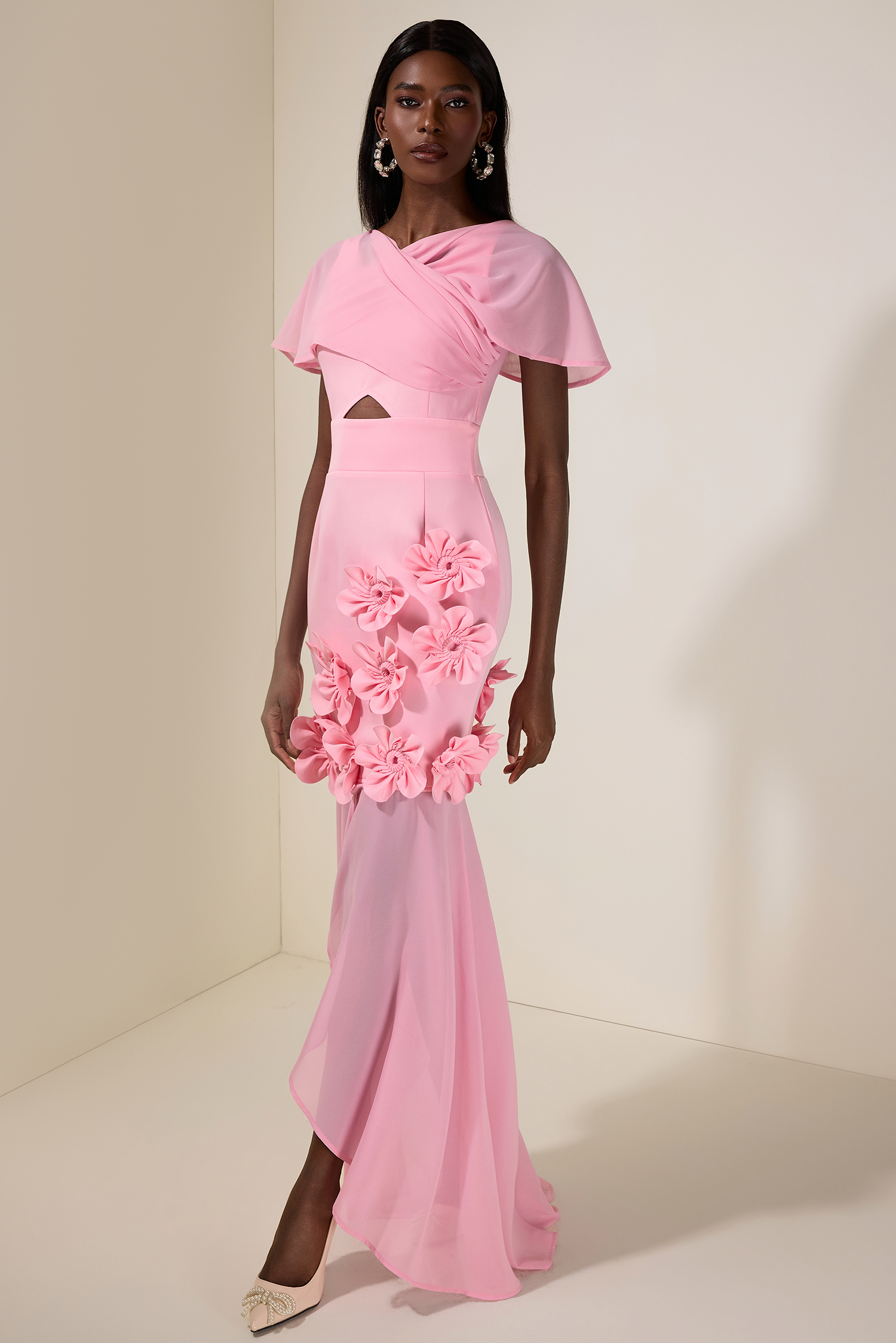 Solid 3D Flower Cut-Out Midi Dress