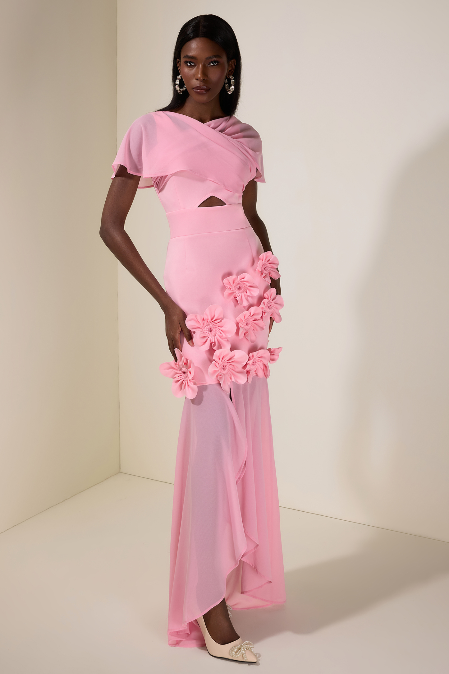 Solid 3D Flower Cut-Out Midi Dress