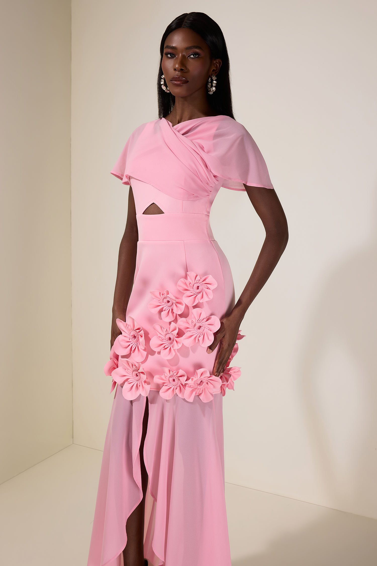 Solid 3D Flower Cut-Out Midi Dress