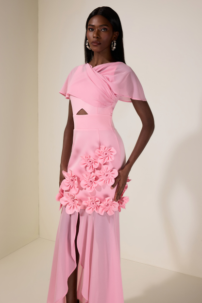 Solid 3D Flower Cut-Out Midi Dress