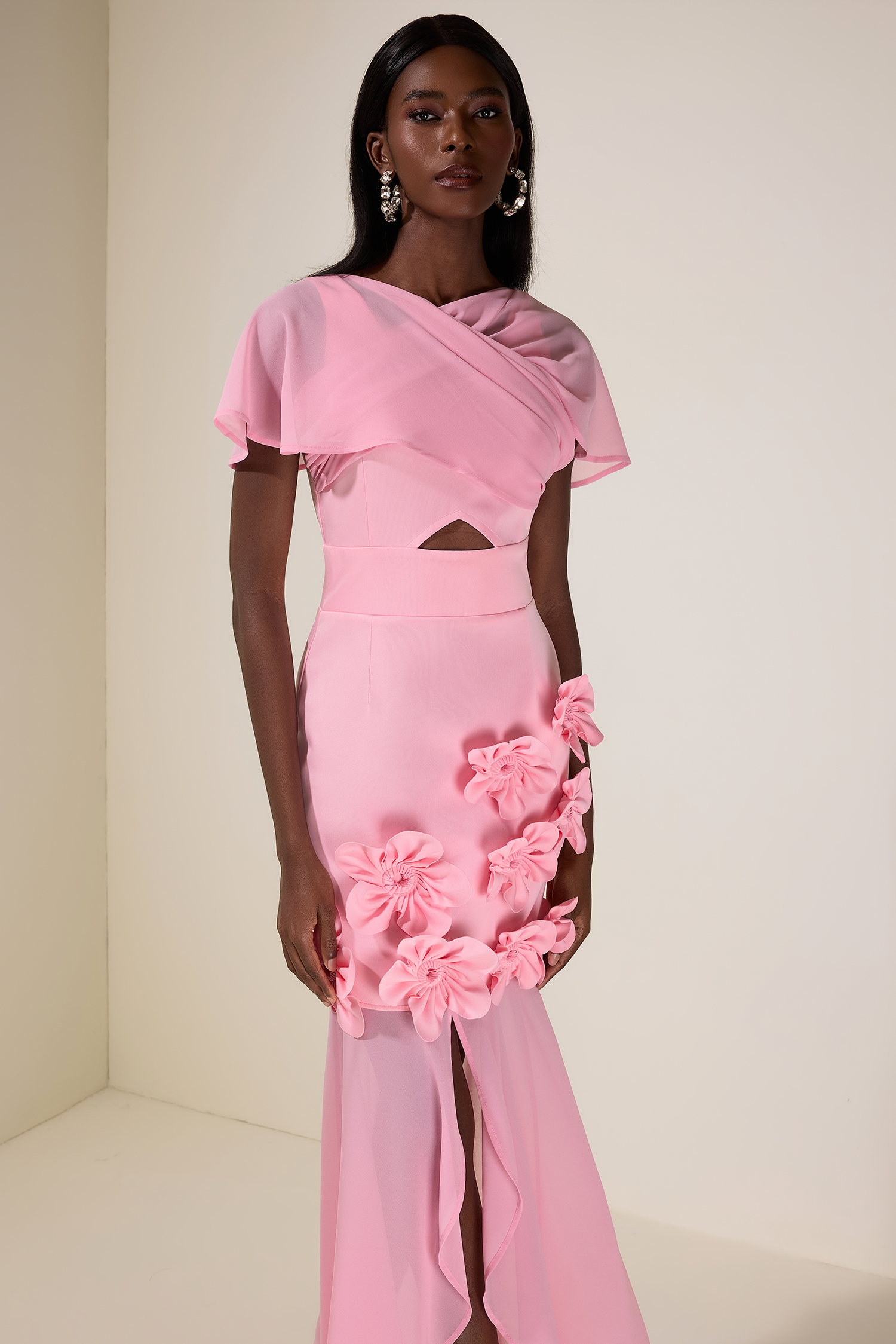 Solid 3D Flower Cut-Out Midi Dress