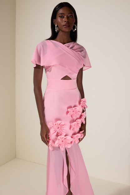 Solid 3D Flower Cut-Out Midi Dress