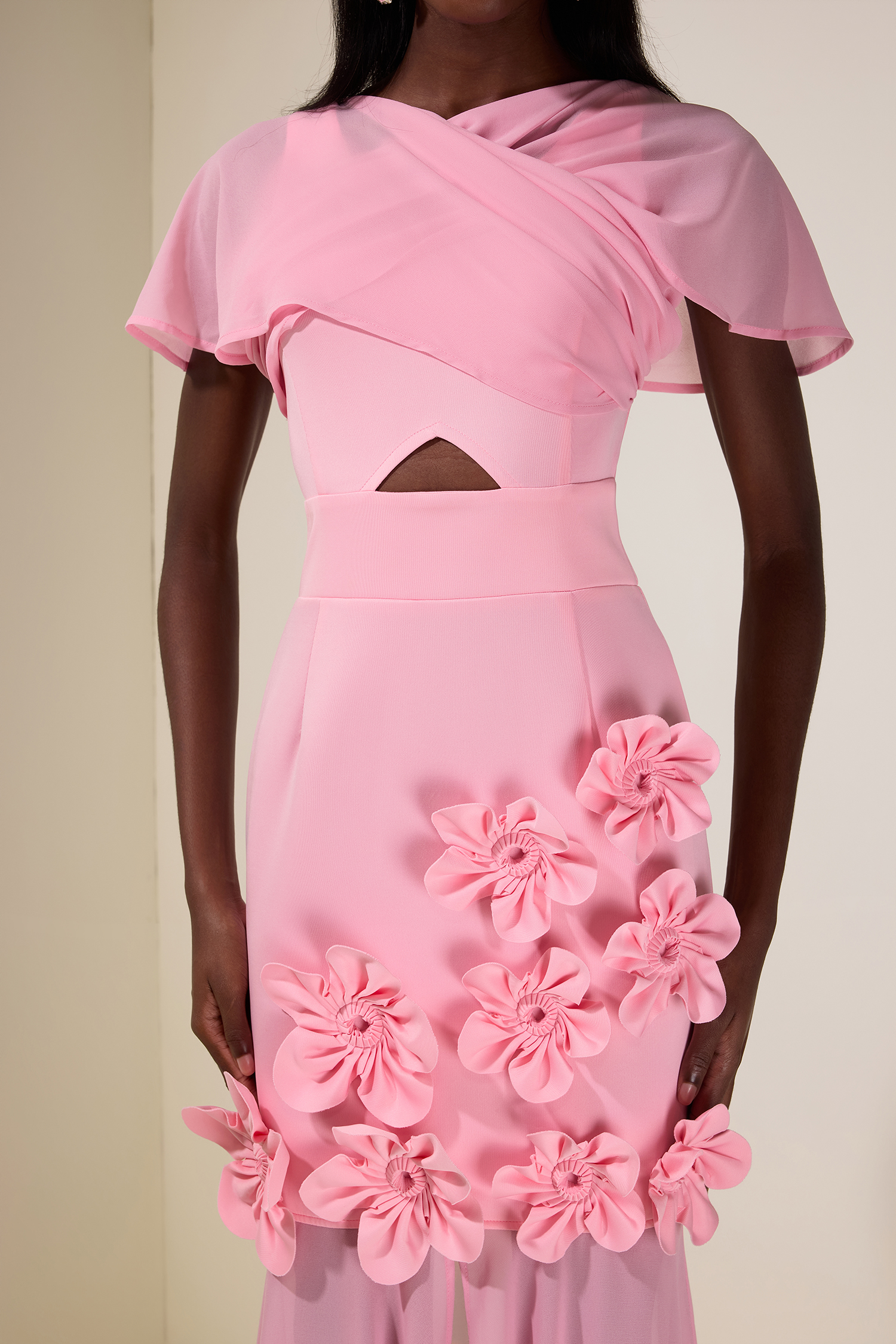 Solid 3D Flower Cut-Out Midi Dress