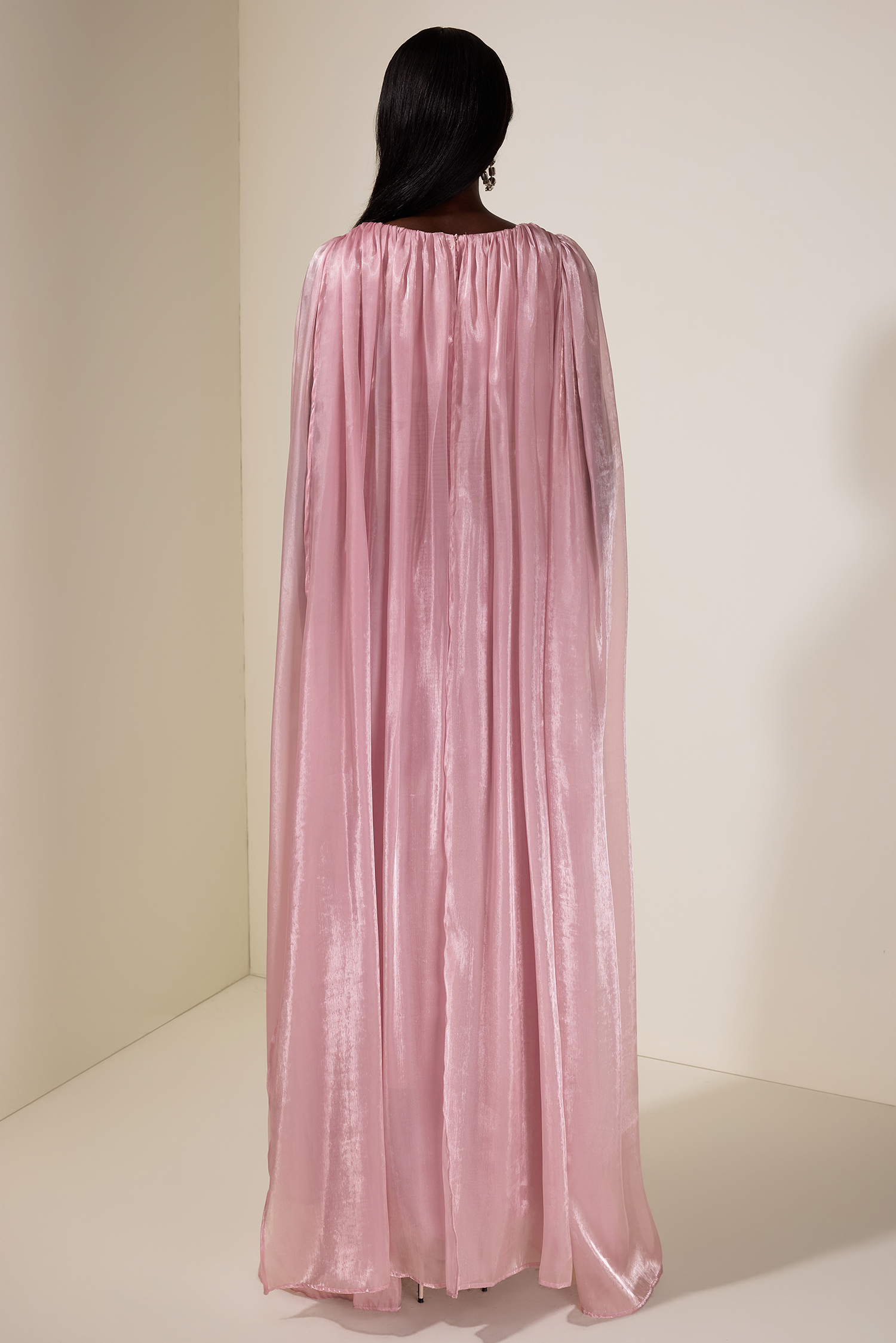 Pleated Metal Decorations Cape Sleeve Maxi Dress
