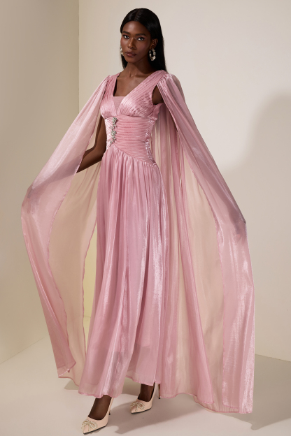 Pleated Metal Decorations Cape Sleeve Maxi Dress