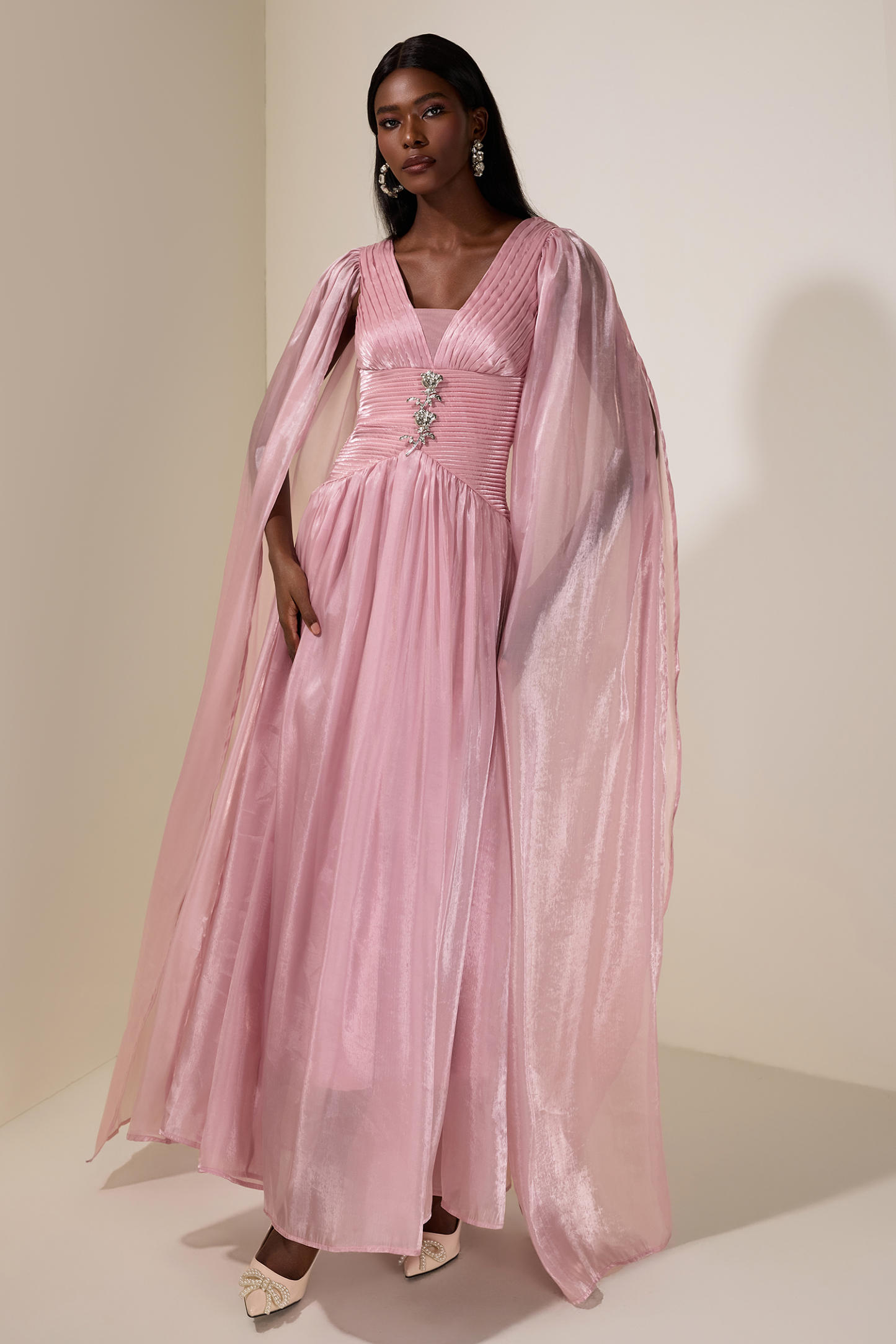 Pleated Metal Decorations Cape Sleeve Maxi Dress