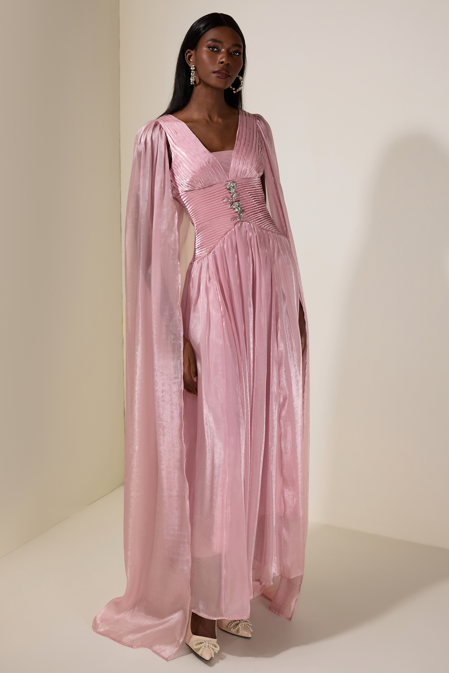 Pleated Metal Decorations Cape Sleeve Maxi Dress