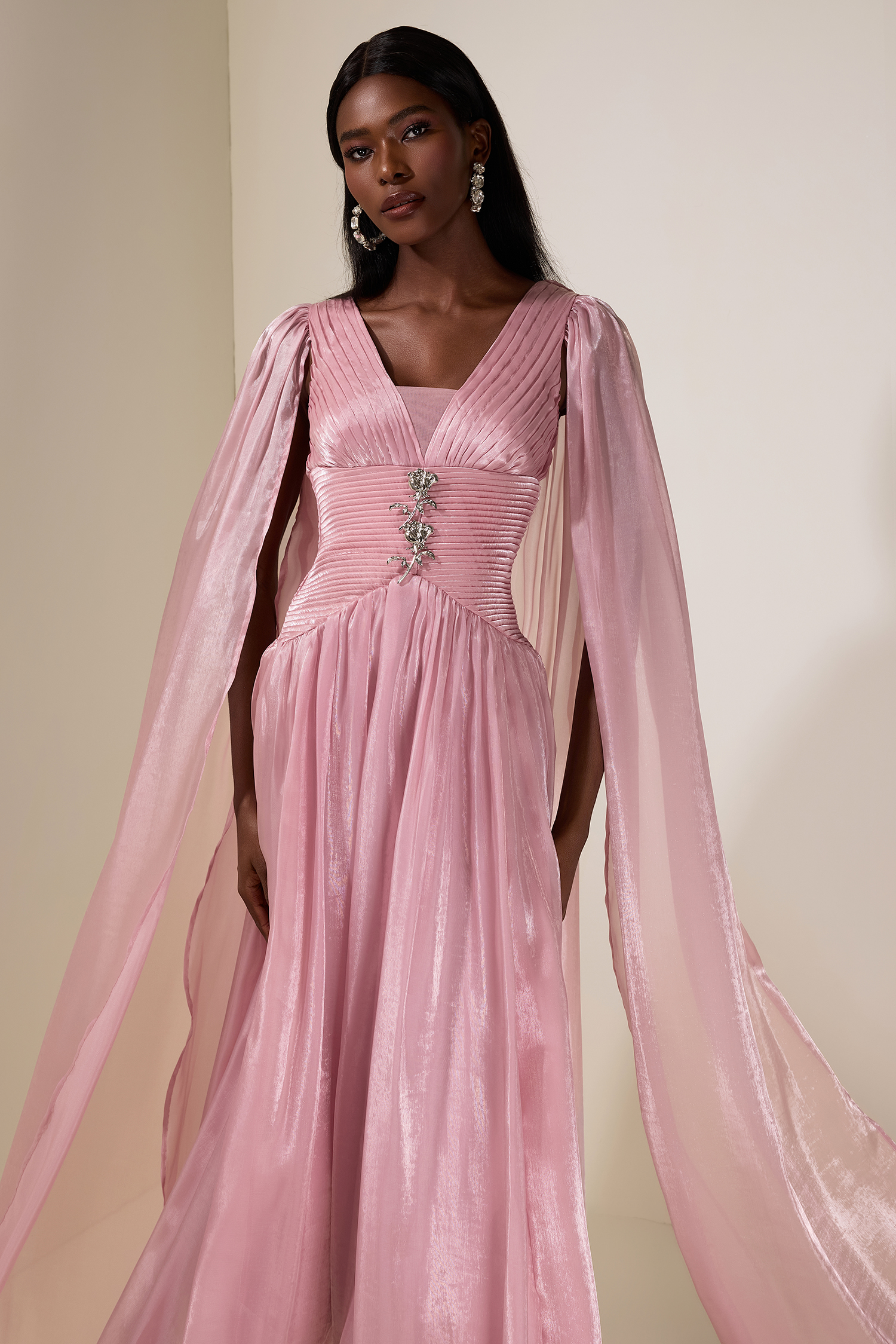 Pleated Metal Decorations Cape Sleeve Maxi Dress