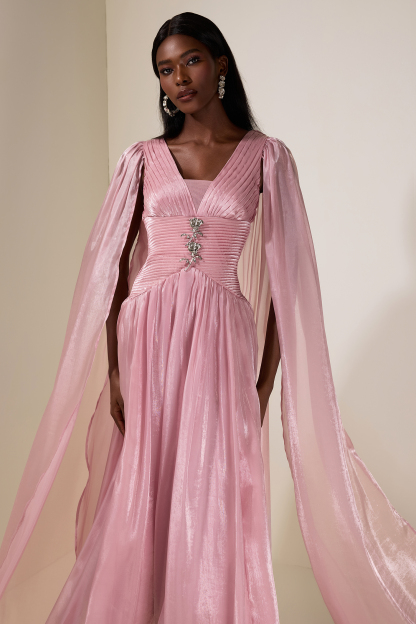 Pleated Metal Decorations Cape Sleeve Maxi Dress