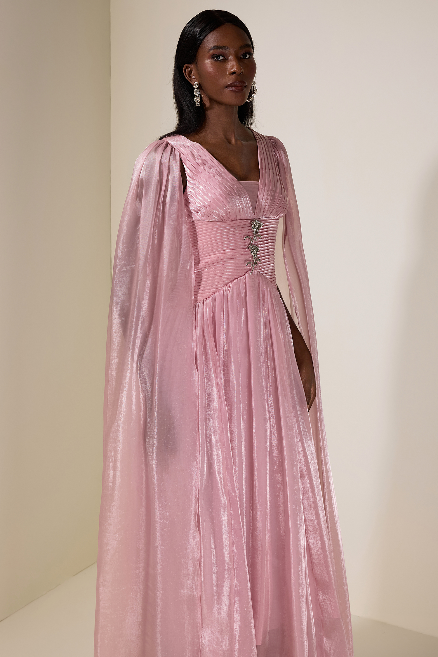 Pleated Metal Decorations Cape Sleeve Maxi Dress